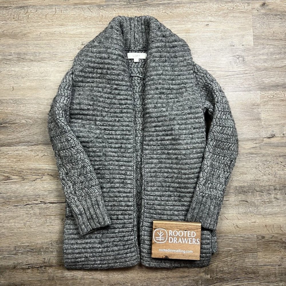 LOFT Ann Taylor Cardigan Sweater Knit Gray Long Sleeve Wool Mid-Length Womens M
